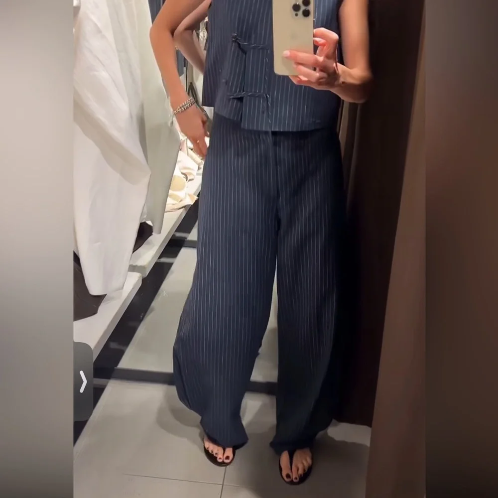 ZARA Balloon Navy Linen Blend Pinstripe Trouser NWT